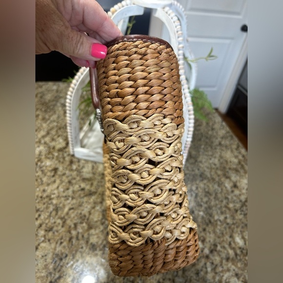 Boho Vintage  Brighton Tan and Brown Woven Tote Bag with Leather Handles. - Picture 6 of 13